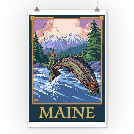 Maine - Angler Fly Fishing Scene (Leaping Trout) - Lantern Press Artwork (9x12 Art Print, Wall Decor Travel