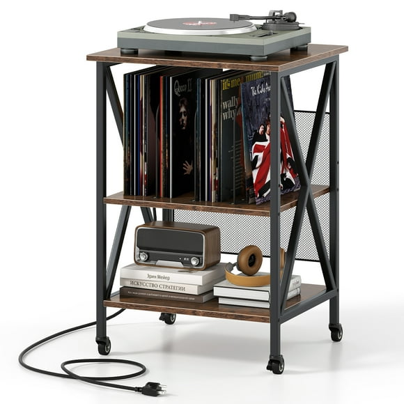 Topbuy Record Player Stand with Charging Station 3-Tier Turntable Stand with Adjustable Shelf