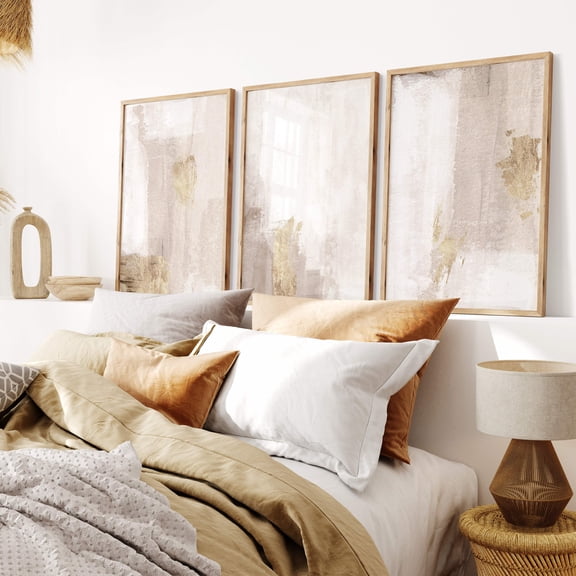 Gold Over the Bed Wall Decor Bedroom Wall Art Neutral Wall Art Prints Above Bed Decor Beige Wall Art Abstract Art Set 3