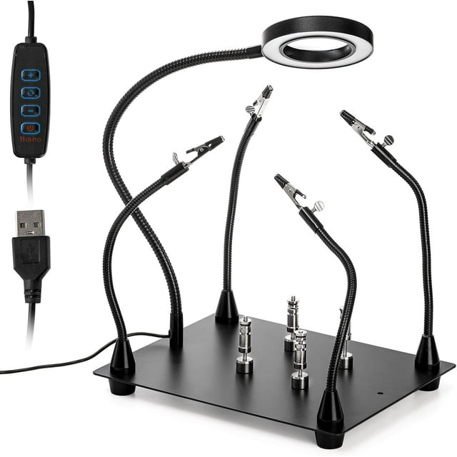 Helping Hands Soldering Clamp Station, 6X LED Magnifying Lamp, Moveable 4 Magnetic PCB Holder, Flexible Metal Arms, Non-slip Weighted Base, Third Hand Tool for Electronic Repair Crafts Jewelry