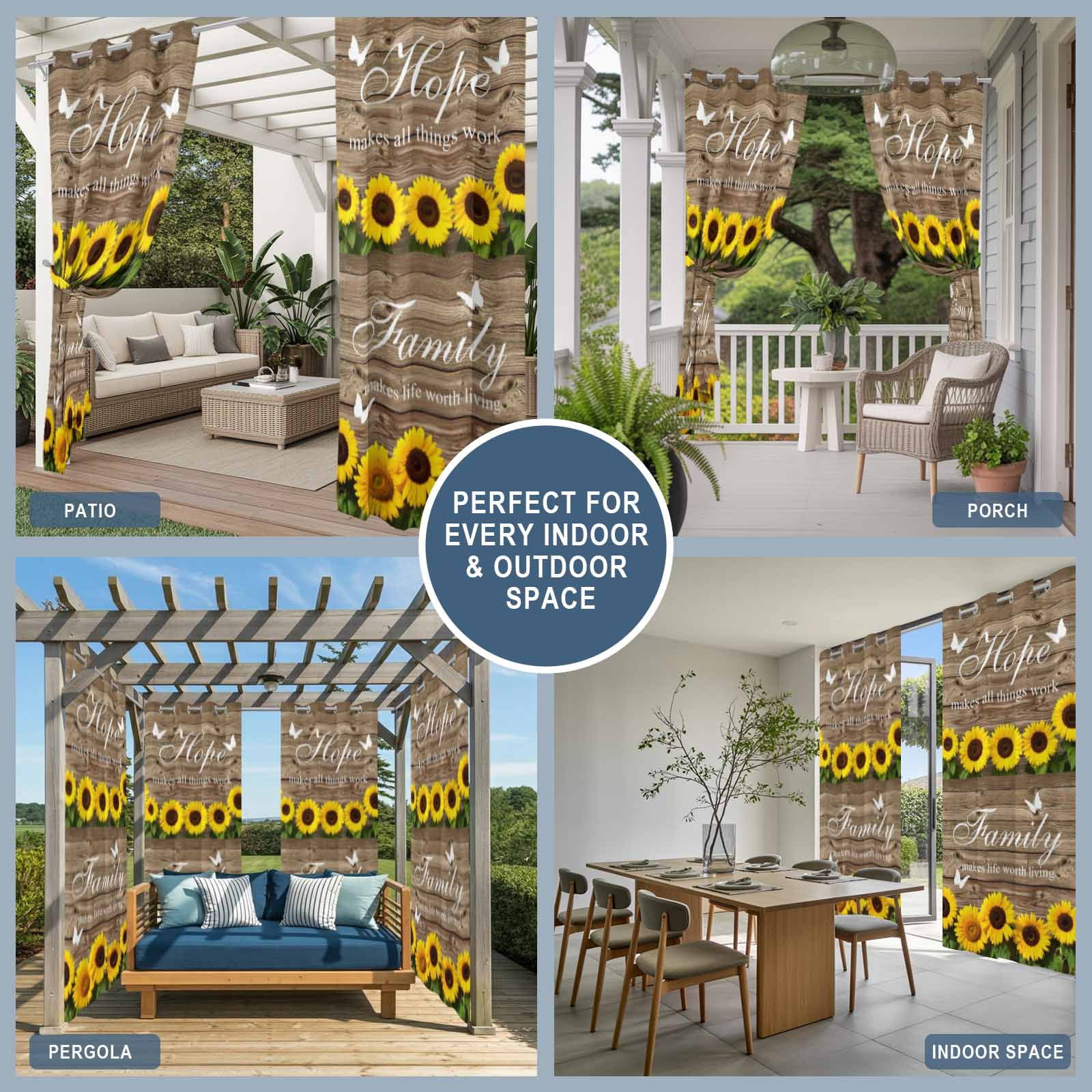 Outdoor Curtains for Patio Waterproof, Spring Sunflowers Outdoor Privacy Panels Grommet, Farmhouse Brown Wooden Plank Blackout Outside Curtains for Porch/Cabana/Pergola/Gazebo 54"x108", 1 Panel