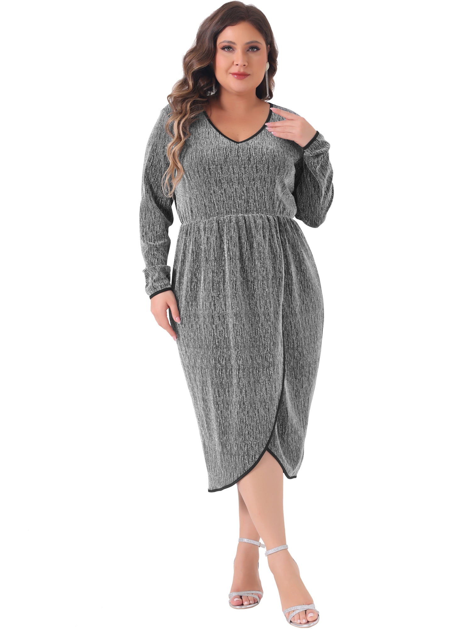 DARING DIVA Plus Size Sparkly Glitter V Neck High Slit Sequin Dress 3X Silver