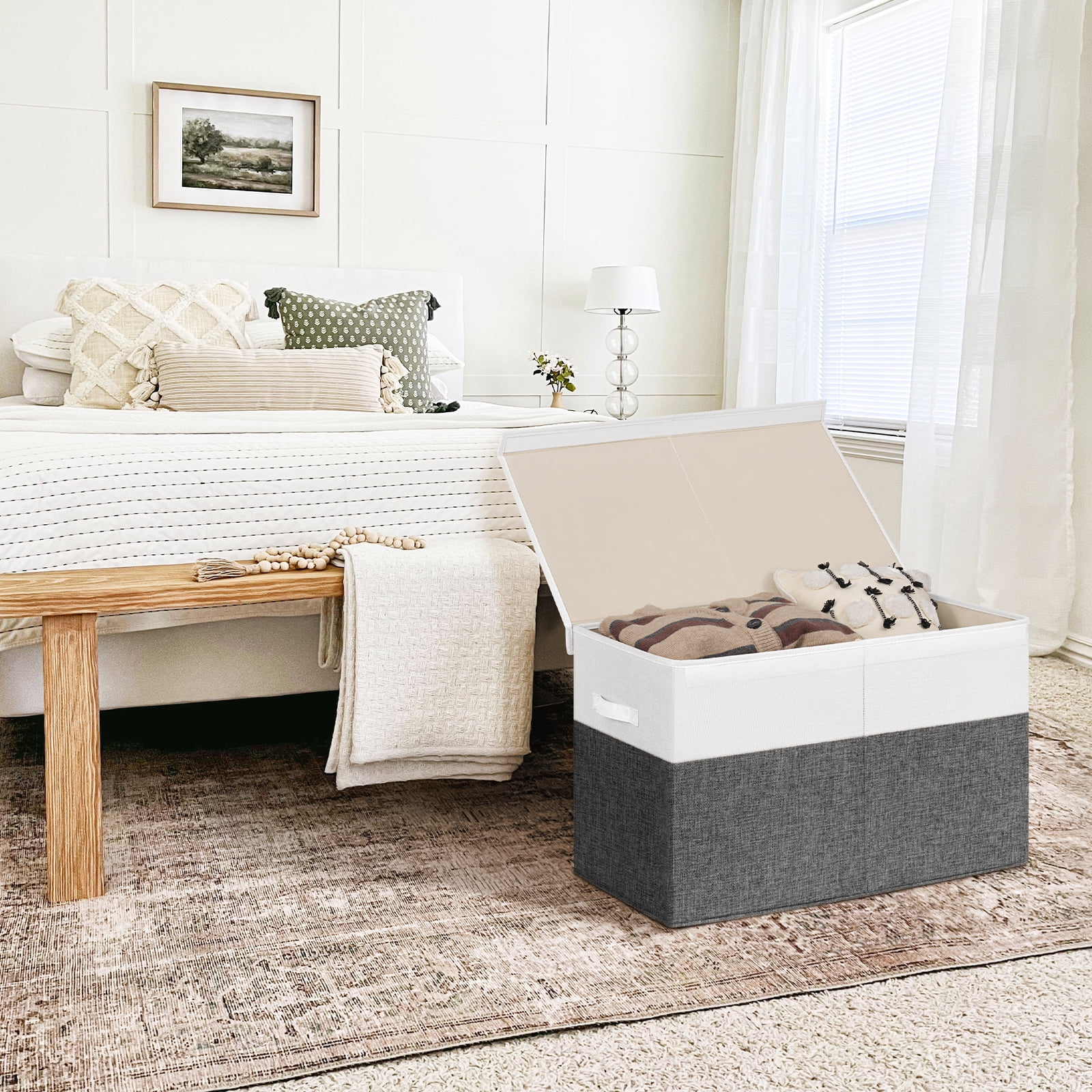 Large Toy Storage Box with Lids, Collapsible Sturdy Baby Storage Organizer Chest Bin Basket for Kids, Boys, Girls, Playroom, Nursery, Bedroom, Closet 25"x13"x16" (Grey & White）