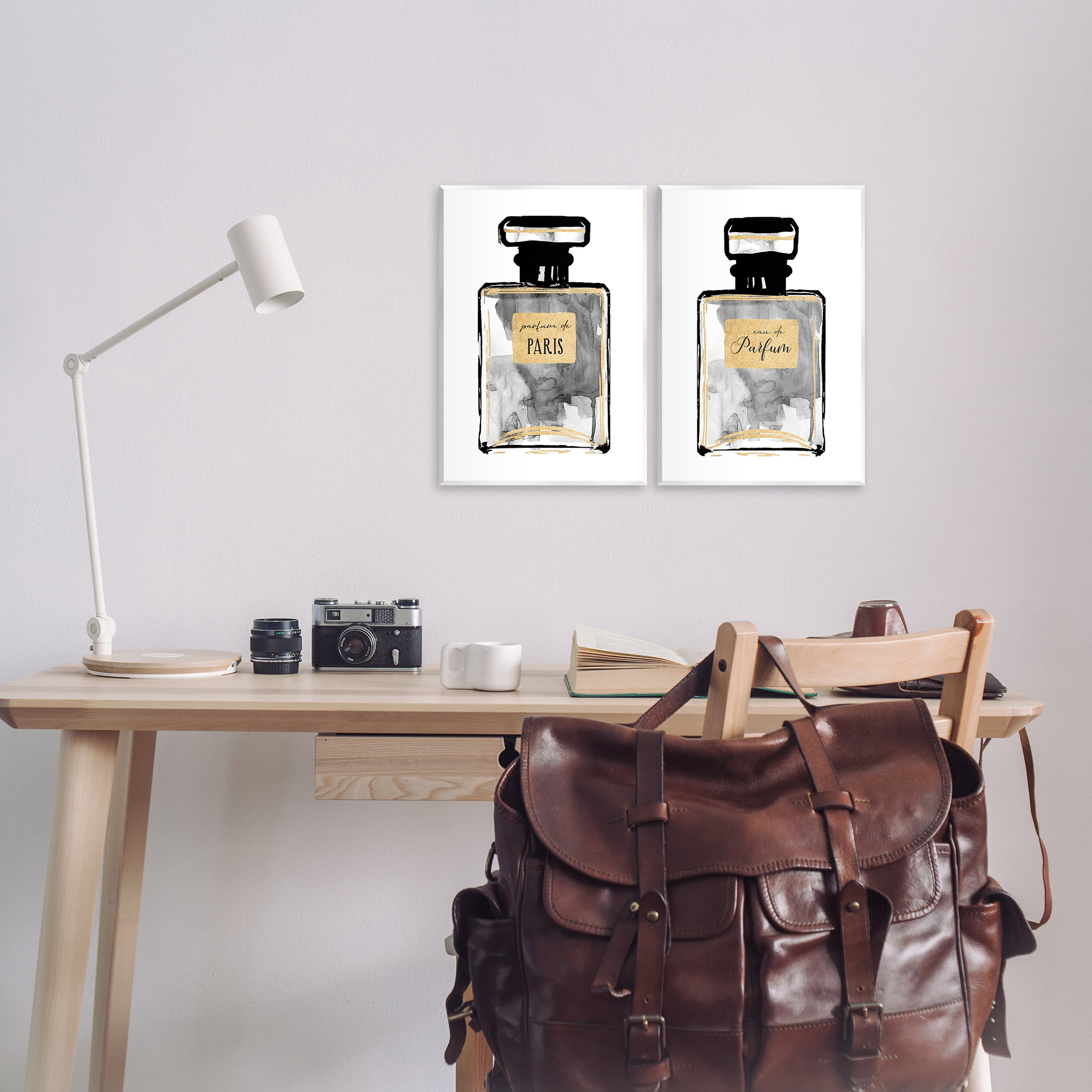 Stupell Industries Gray Gold Parfum Bottle Fashion Painting Unframed Art Print Wall Art, 11 x 14, Set of 2
