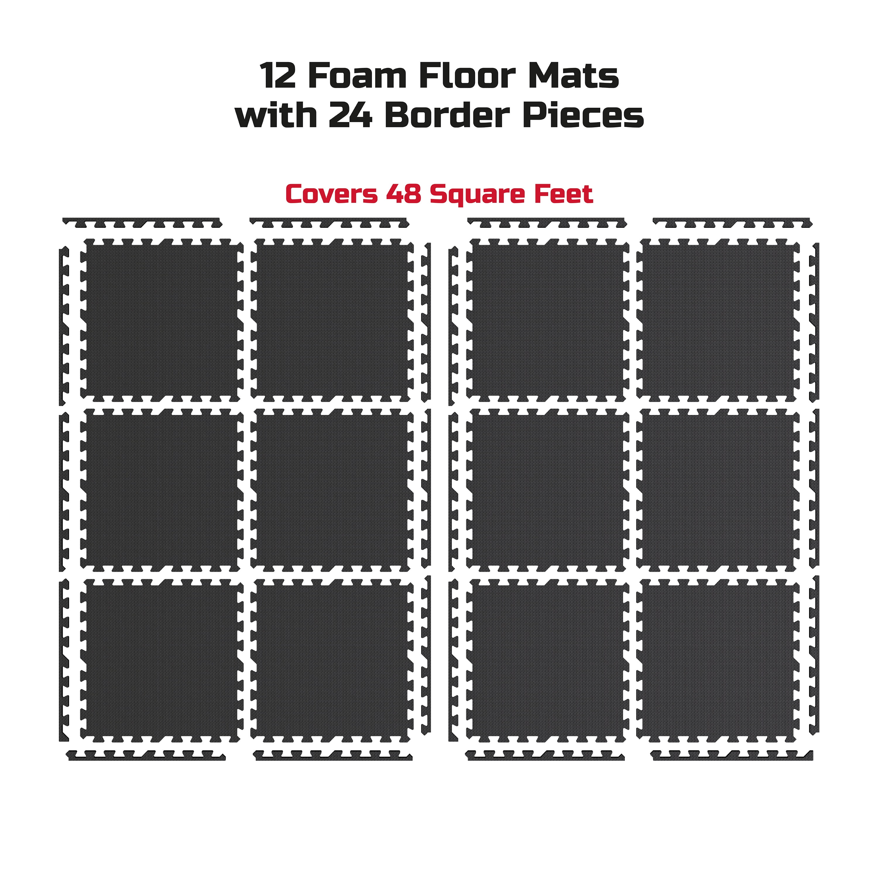 FitRx Pro Mat Exercise Mat, 12-Pack 24" x 24" Interlocking Foam Floor Tiles for Home Gym EVA Foam Mat, 48 sq. ft.