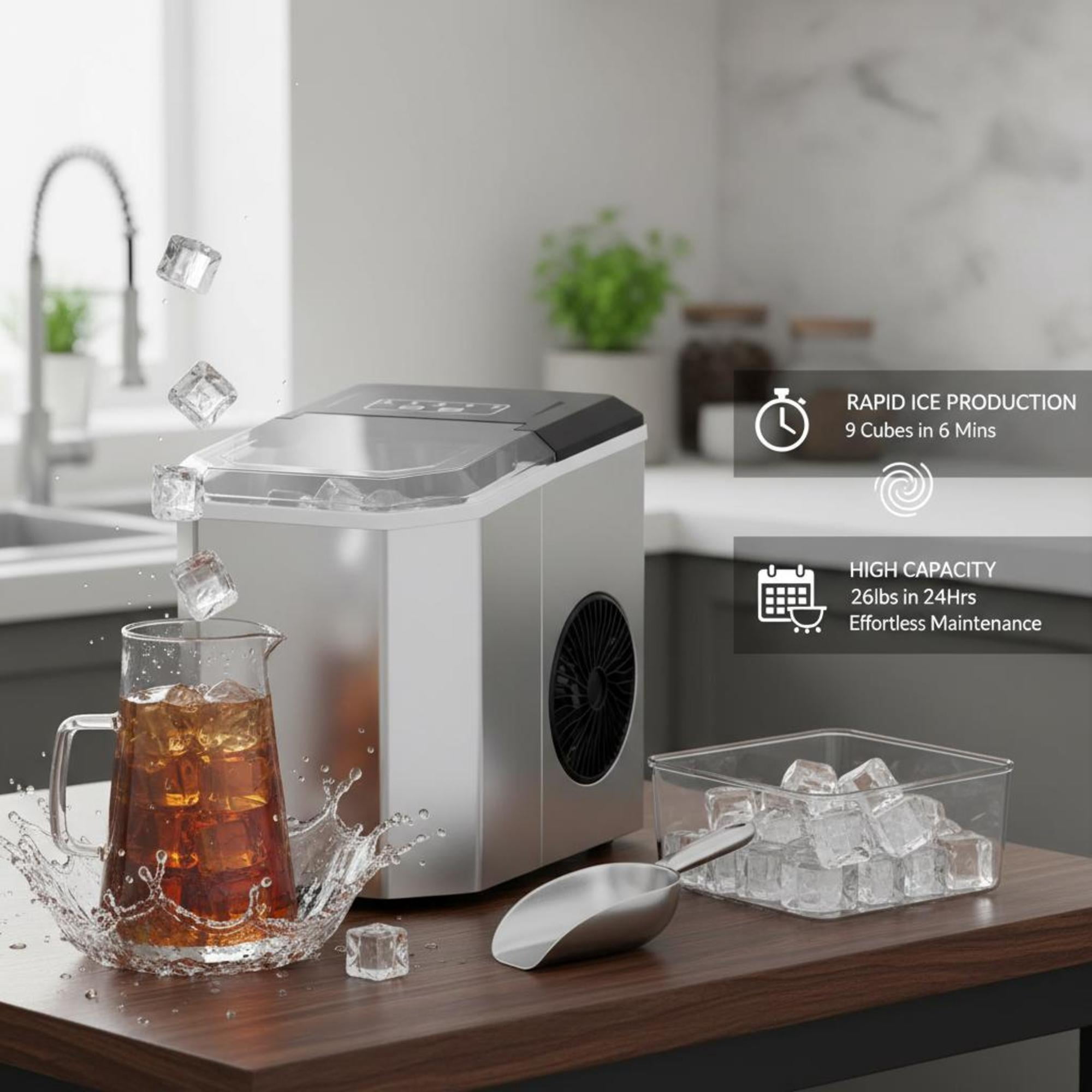 Countertop Bullet Ice Maker, 26 lbs/24H Portable Ice Machine, 9 Cubes Ready in 6 Mins, 2 Ice Sizes, Self-Cleaning Ice Maker with Scoop & Basket, Quiet ≤42dB for Home Kitchen Office Bar Party
