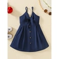 thumbnail image 2 of Little Girl’s Solid Color Dress Casual Knotted V-neck Button Suspender A-line Dress, 2 of 9