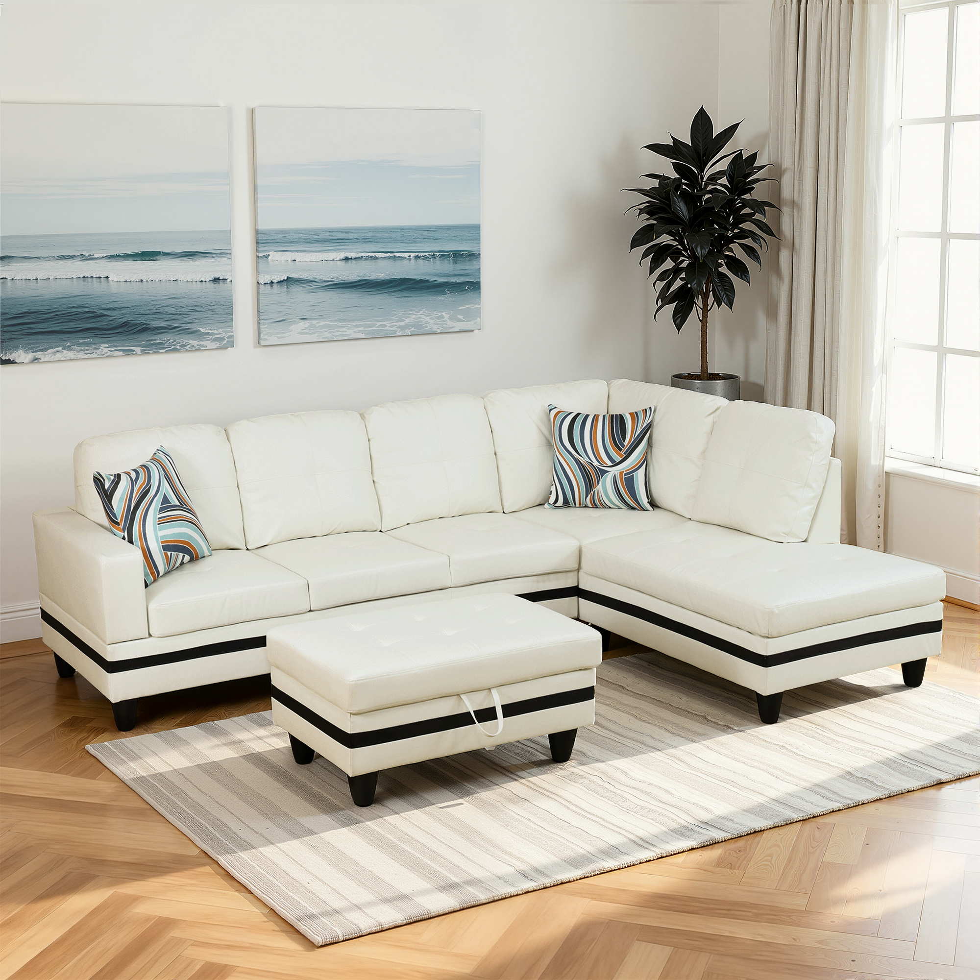 MAYEERTY PU Synthetic Leather 3-Piece Couch Living Room Sofa Set，White And Black