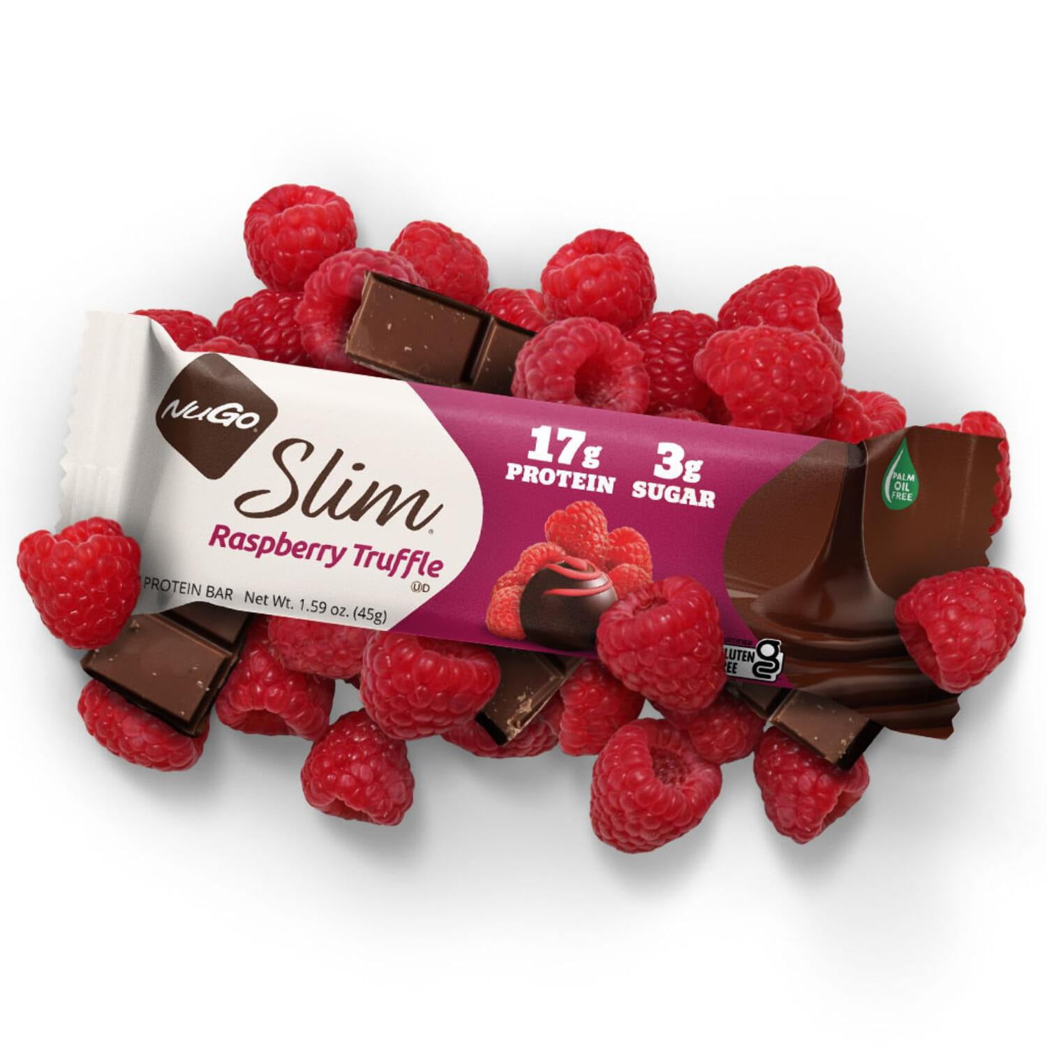 NuGo Slim Dark Chocolate Raspberry Truffle, 17g Protein, 2g Sugar, 7g Fiber, 160 Calories, Low Net Carbs, Gluten Free, 12 Count