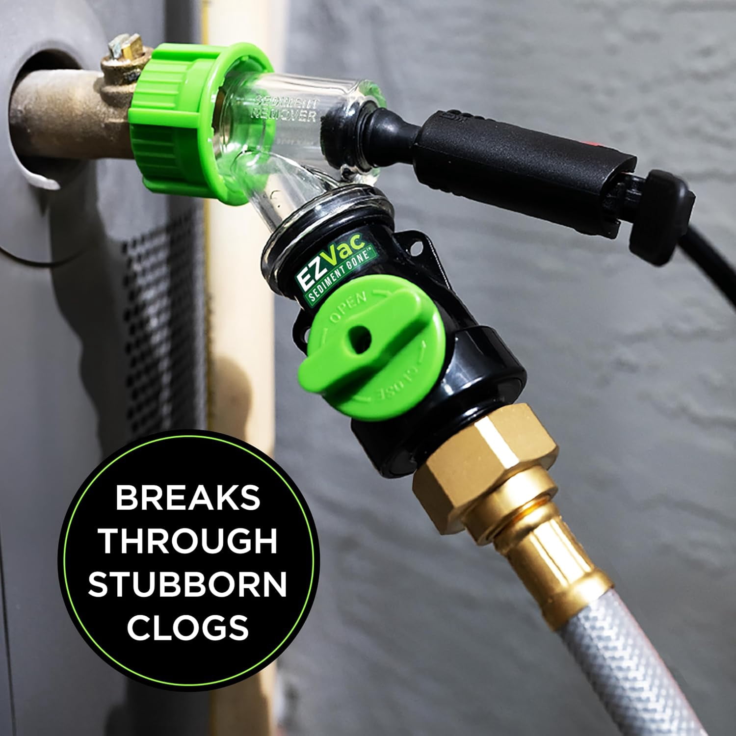 EZVac Sediment Gone™ Water Heater Sediment Removal Tool – Flushes, Cleans & Breaks Up Sediment Clogs in Electric or Gas Water Heaters – Easy DIY Water Heater Cleaning Tool