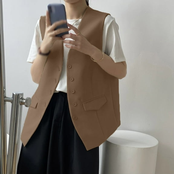 Dwaogom Women's Fully Lined Button V-Neck Economy Dressy Suit Vest Waistcoat Sleeveless Waistcoat Top Blazer Suit Coat