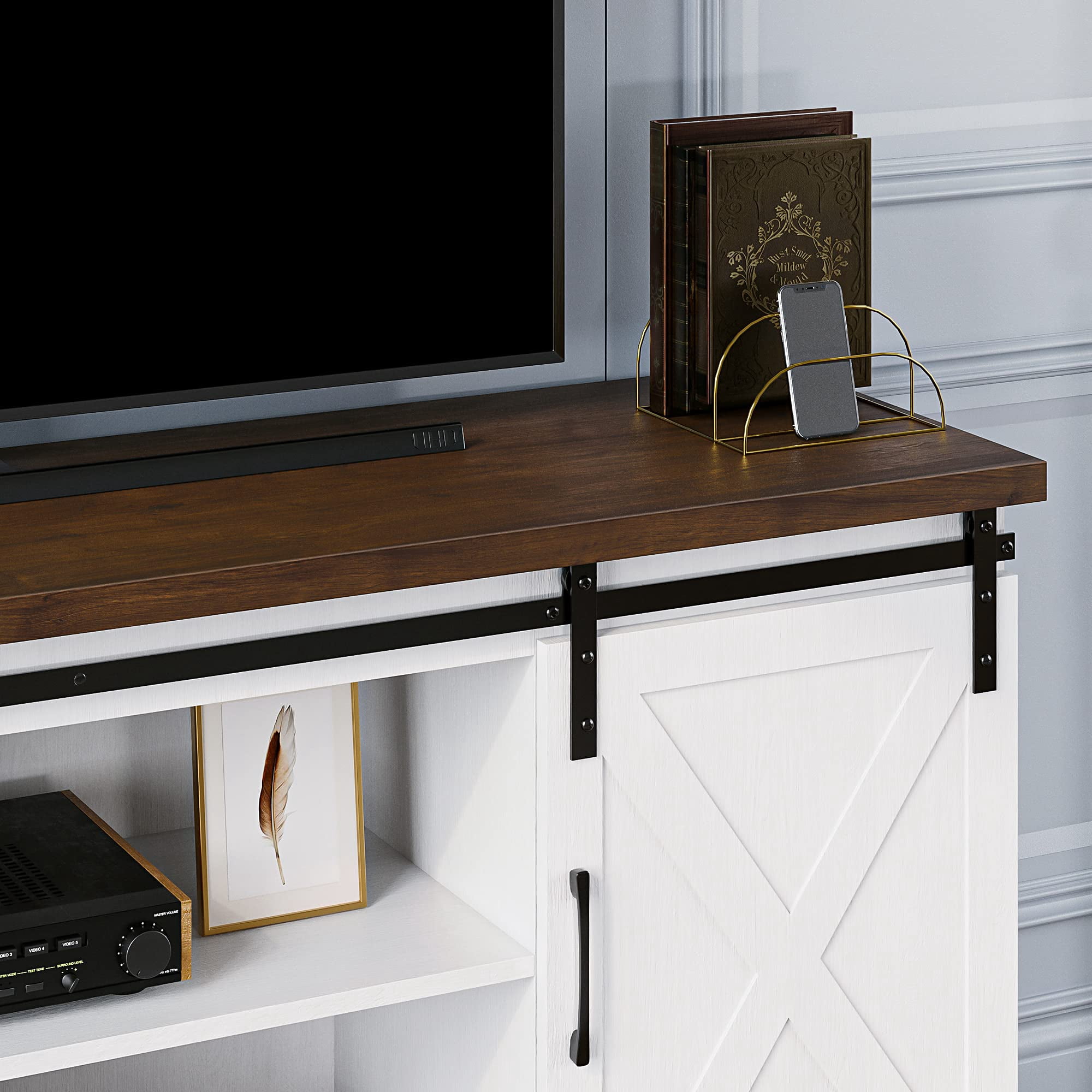 DSstyles Farmhouse Sliding Barn Door TV Stand for 65 inch TV, White Entertainment Center, 58 inch TV Console Table, Home Living Room Wood TV Stand with Movable Shelf