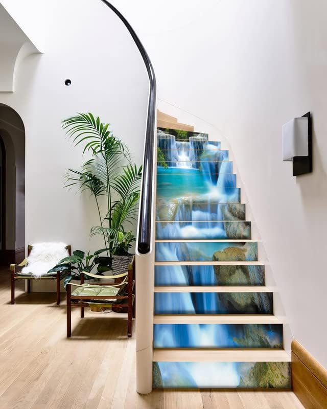 3D Stair Stickers - Landscape wall stickers steps decorative stickers, Removable Tile Decals for Stair Risers - Peel and Stick, Waterfall Design, 39.3Inch x 7.08Inch x 13Pcs