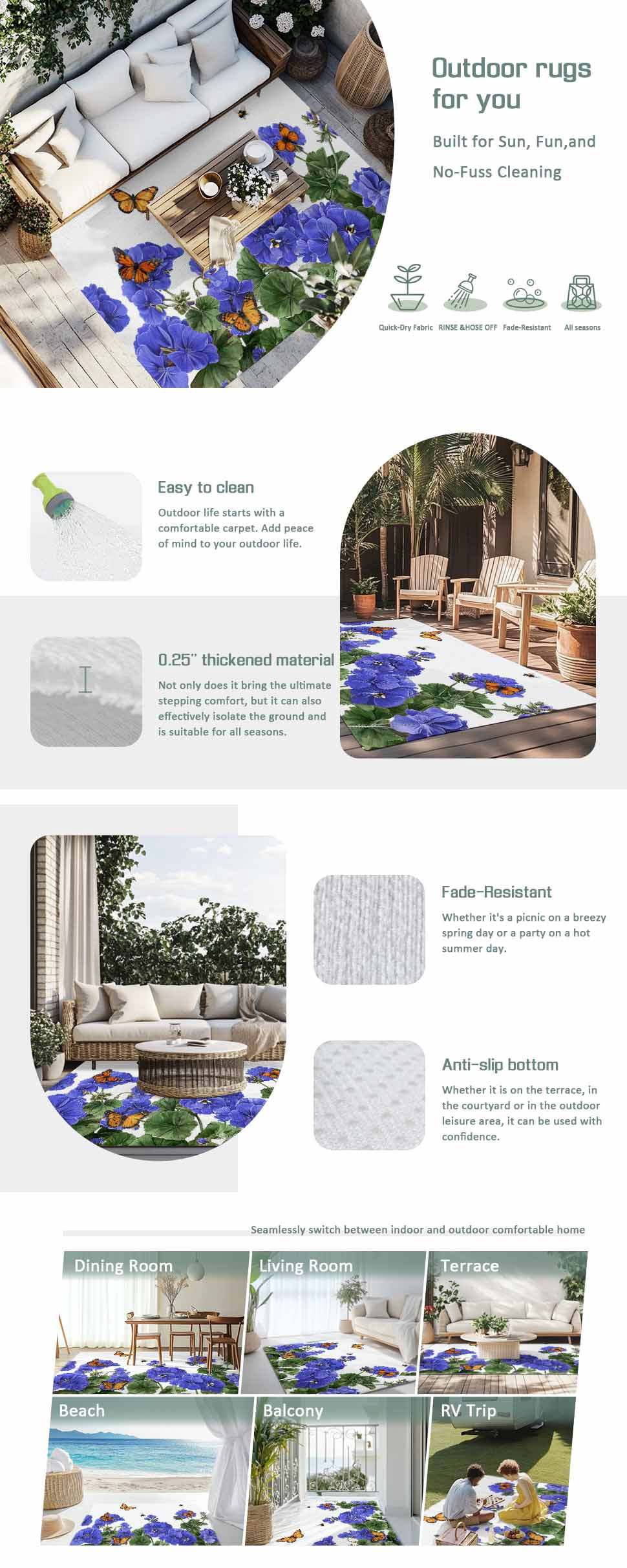 Purple Spring Floral Outdoor Rug for Patio/Deck/Porch, Non-Slip Large Area Rug 6 x 9 Ft, Butterfly Farmhouse Indoor Outdoor Rugs Washable Area Rugs, Reversible Camping Rug Carpet Runner