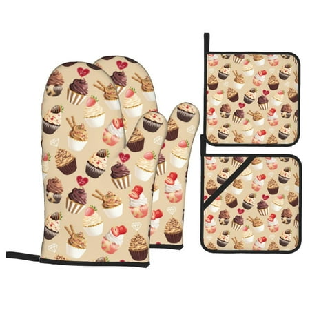 

Oven Mitts and Pot Holders 4 Piece Love Cupcake Strawberry Print High Heat Slip Resistant Oven Mitt and Trivets Set Kitchen Oven Glove Pot Holders for Cooking Baking Grilling