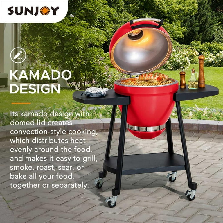 Sunjoy 20IN BBQ Cooker Egg-shaped Grill with Pizza Plate, Red