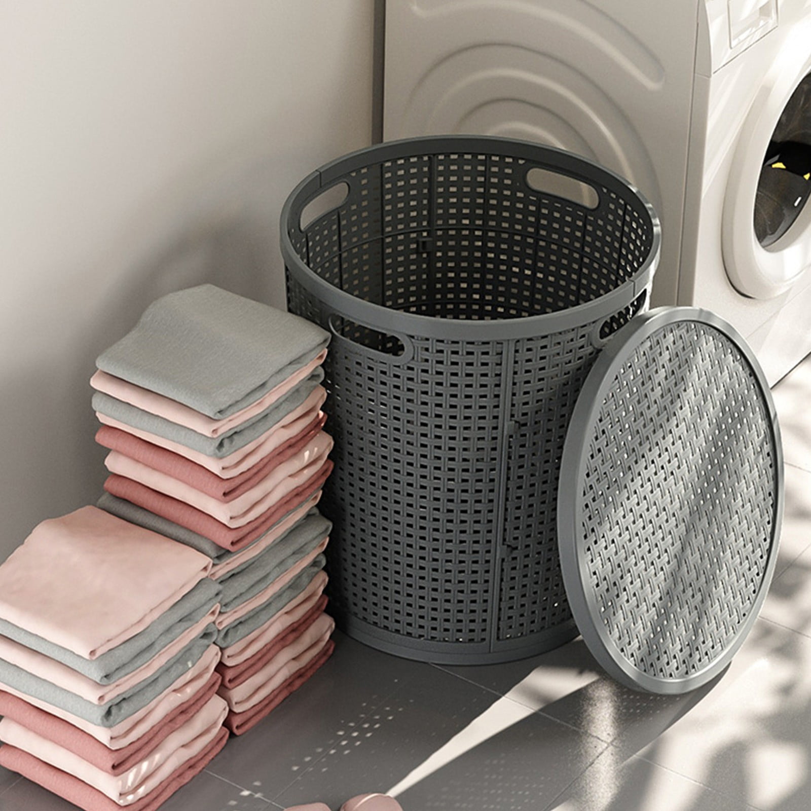 Laundry Basket, Gaqring Large Capacity Laundry Hamper, Imitation Rattan Plastic Storage Basket with Lid for Clothes Toys, Gray