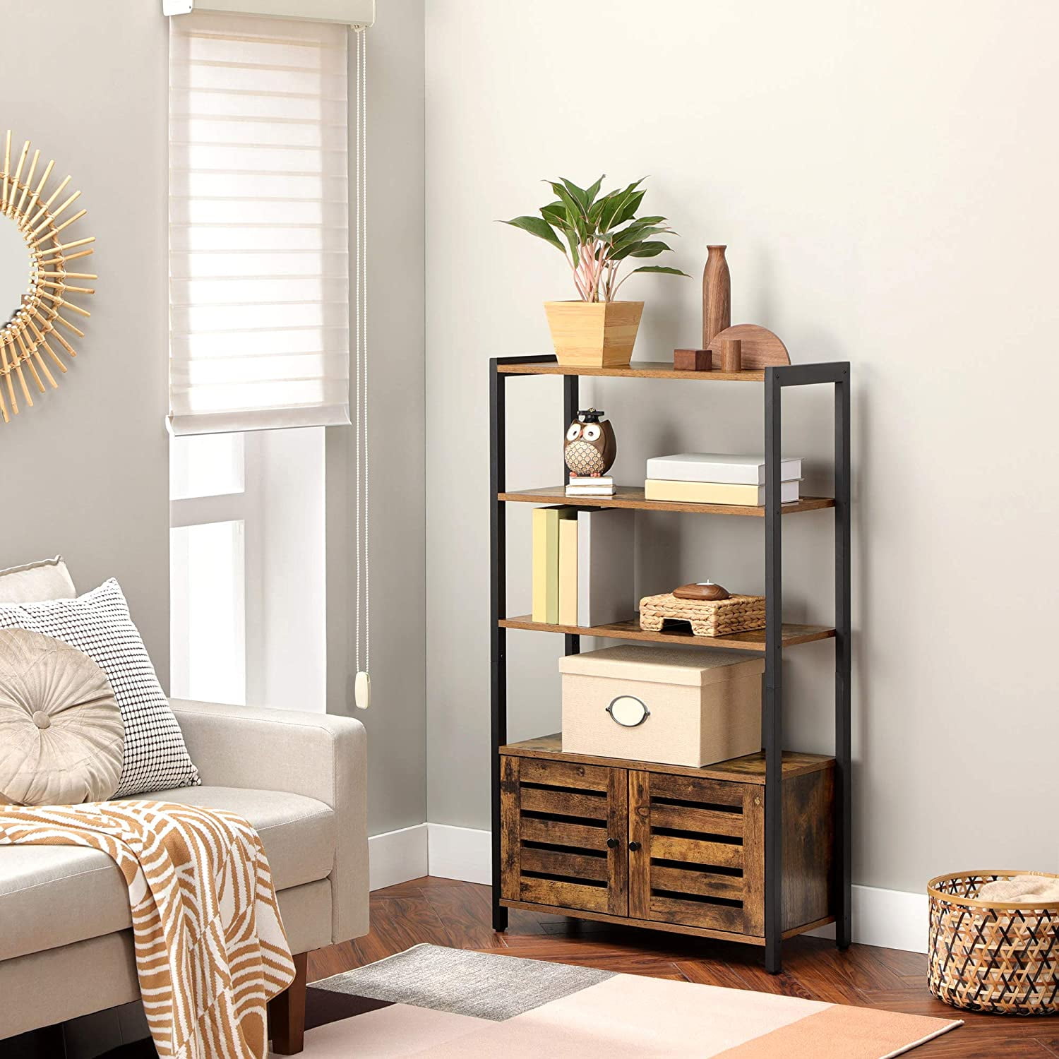 Private Jungle Bookshelf, Storage Cabinet with 3 Shelves and 2 Doors, Industrial Bookcase Rustic Brown Private Jungle Bookshelf, Storage Cabinet with 3 Shelves and 2 Doors, Industrial Bookcase Rustic Brown