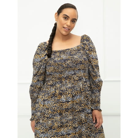 ELOQUII Elements Women's Plus Size Mixed Dot Print Midi Dress with Smocked Bodice