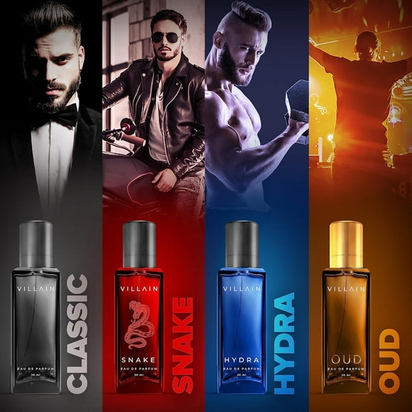 Villain Rebel Luxury Liquid Perfume Combo Gift Set For Men Pack Of 4X 20ml - 0.67 Fl.oz. Each | Black+ Hydra+ Snake+ Oud Fragrances | Long Lasting Fragrance Combo Set For Husband