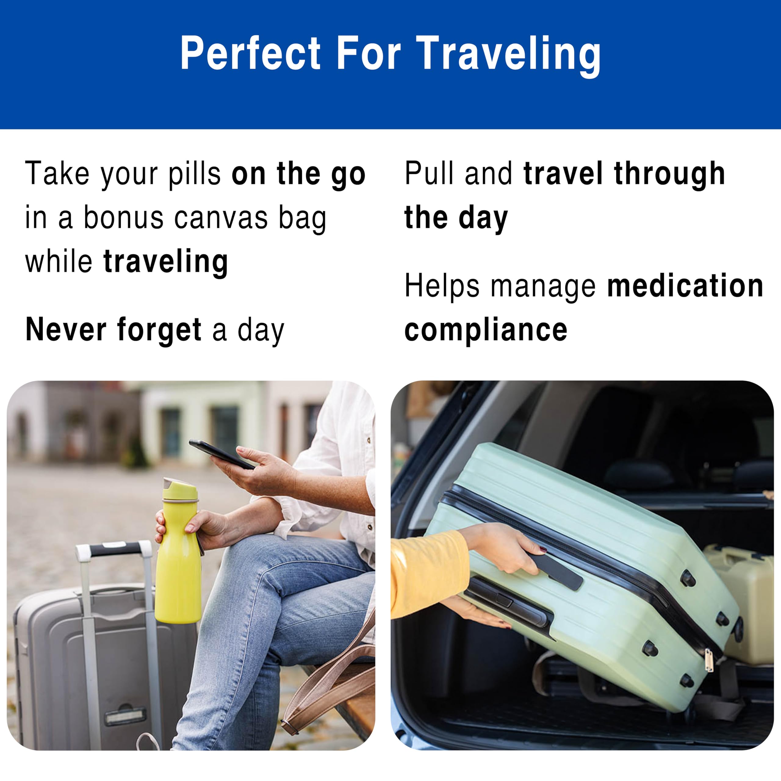 MedCenter 31-Day HSA/FSA Low Profile Pill Organizer with Travel Pouch & Tweezers – Monthly Medication Management System with Daily Labeled Pill Boxes for Home & Travel Use