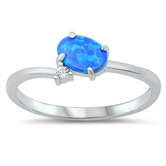 Sideways Oval Blue Simulated Opal Cubic Zirconia Ring Sterling Silver Size 10