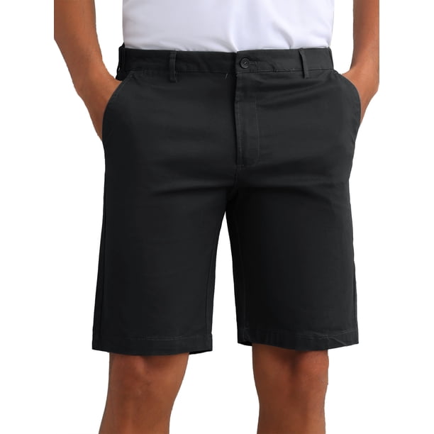 INSPIRAR CHIC Pantalones cortos formales de hombre con botón clásico de color sólido y cremallera para el Día del Padre 28 Negro