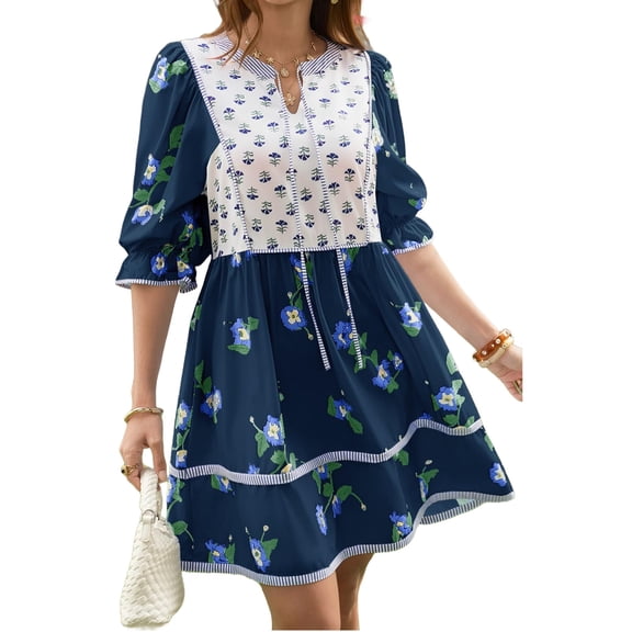 Summer Puff Sleeve Women Floral Print Patchwork Tie Mini Dress