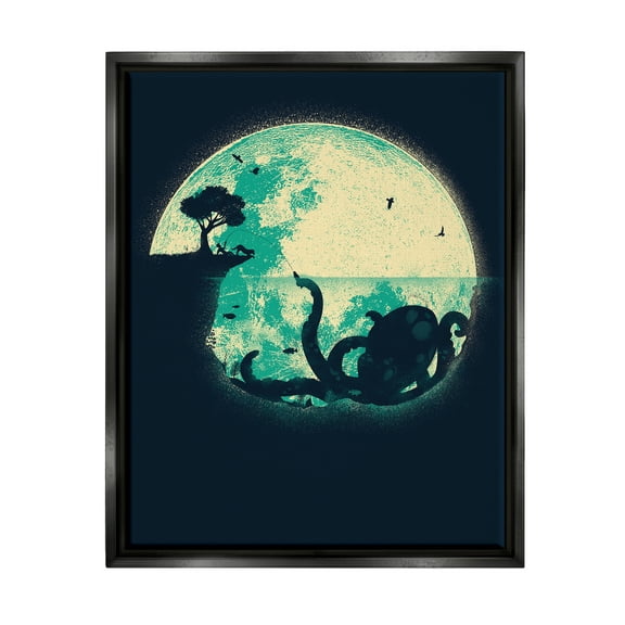 Stupell Industries Fishing Giant Octopus Animals & Insects Painting Black Floater Framed Canvas Art Print Wall Art, 17 x 21