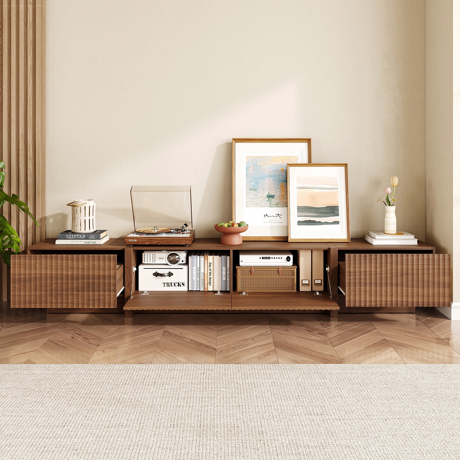 98" Walnut Modern TV Stand, Large Entertainment Center with Drawers & Storage Compartments, Fits 55"-95" TVs for Living Room