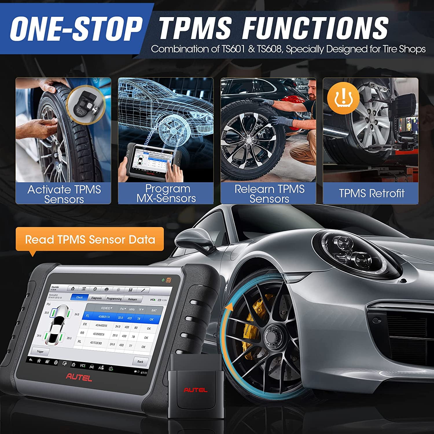 Autel Scanner MaxiPRO MP808S-TS Car Diagnostic Scanner Full TPMS Relearn Rest All-System Scan & FCA AutoAuth Bidirectional Control Scan Tool with 31+ Service