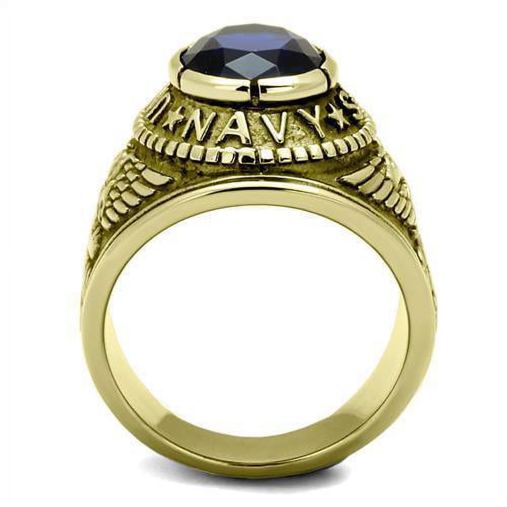 US Navy Ring for Men and Women Unisex Stainless Steel Military Patriotic Ring in Gold with Blue Stone