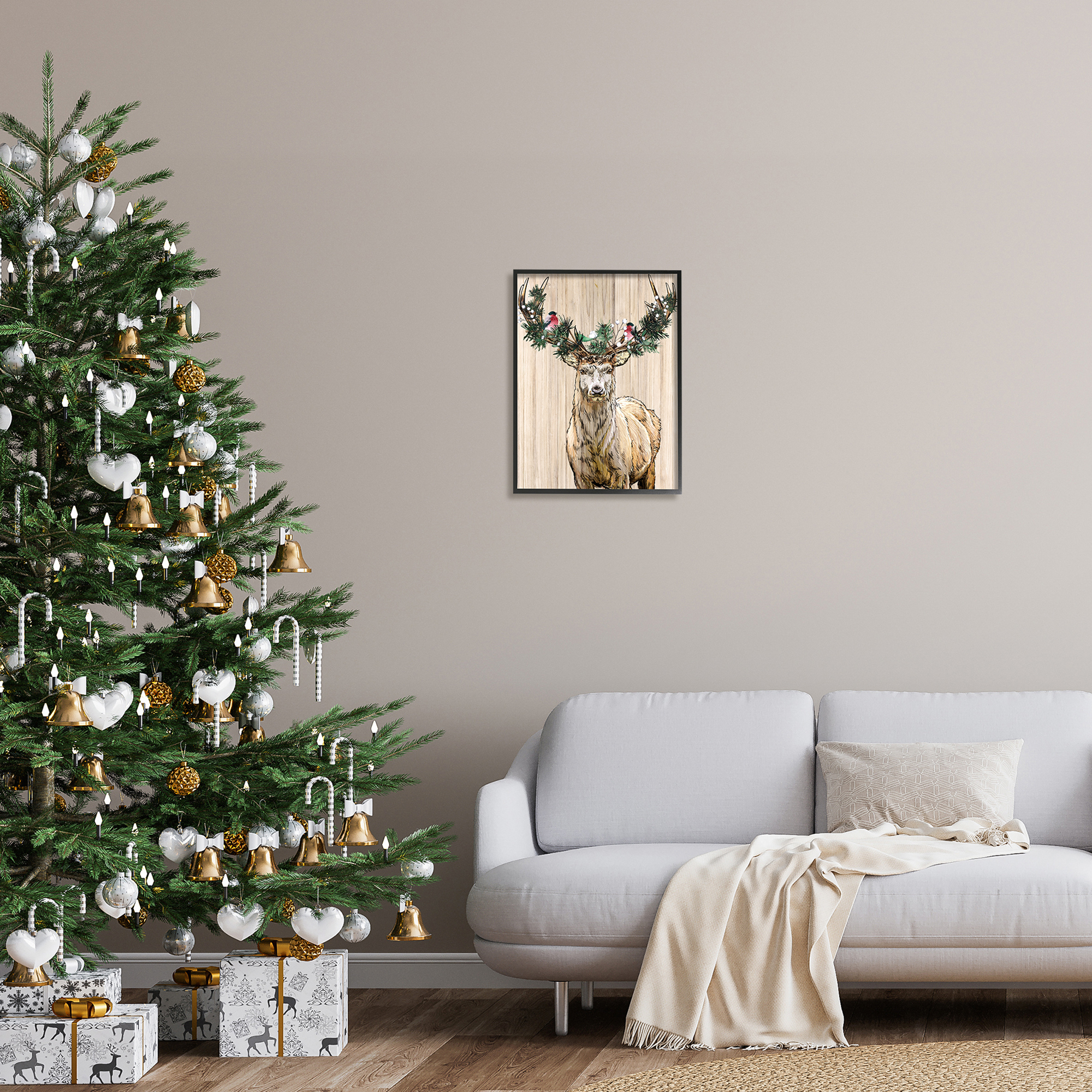 Winter Fir Arrangement Deer Antlers Grainy Pattern Animals & Insects Graphic Art Framed Art Print Wall Art