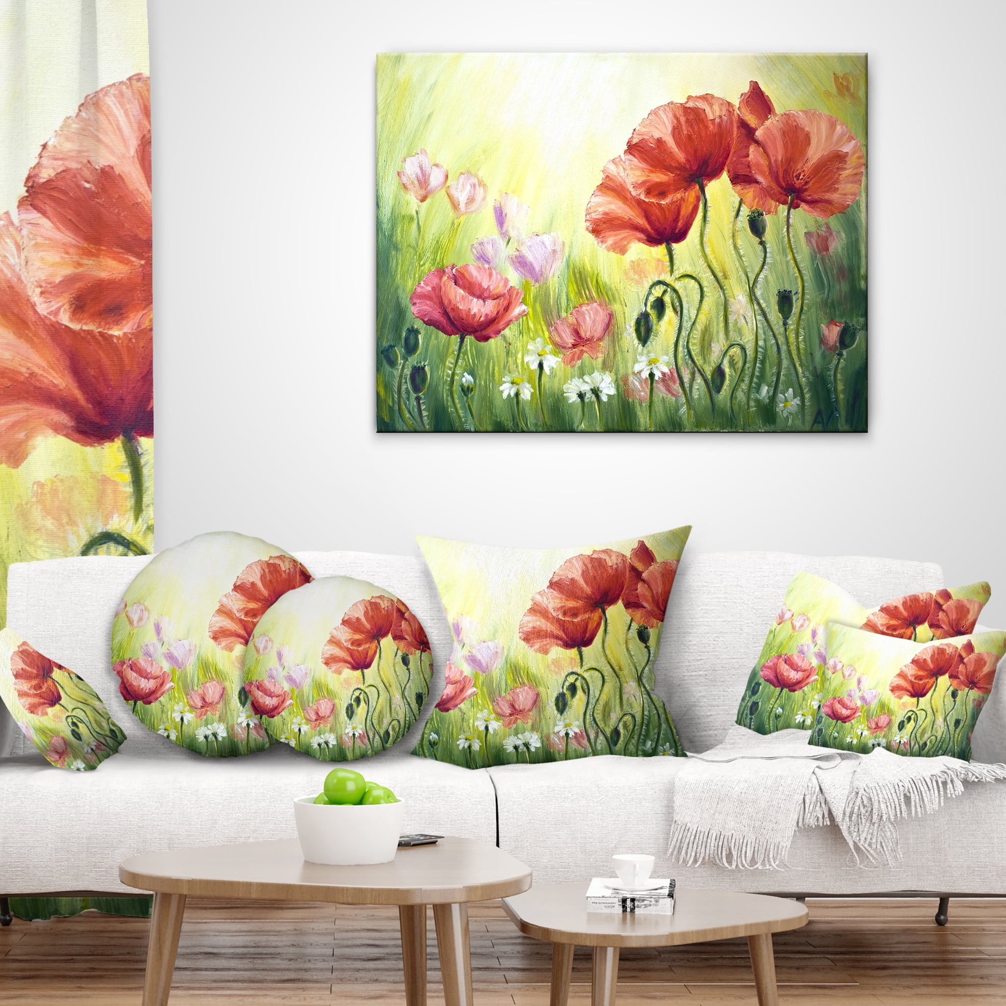 Designart Poppies in Morning - Floral Throw Pillow - 16x16
