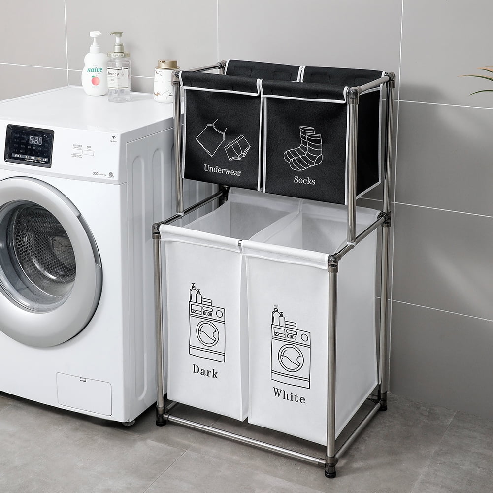 Kadyn Laundry Hamper 2 Tier Laundry Sorter, Modern Laundry Cart with 4 Removable Bags, Vertical Laundry Hamper for Organizing Clothes, Laundry, White+Black Kadyn Laundry Hamper 2 Tier Laundry Sorter, Modern Laundry Cart with 4 Removable Bags, Vertical Laundry Hamper for Organizing Clothes, Laundry, White+Black