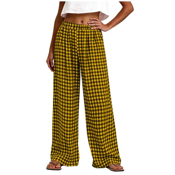Karymi Linen Pants Women Elastic High Waist Plaid Wide Leg Pants, Casual Checkered Trousers with Side Pockets, Lightweight Palazzo Pants Running Shorts for Women
