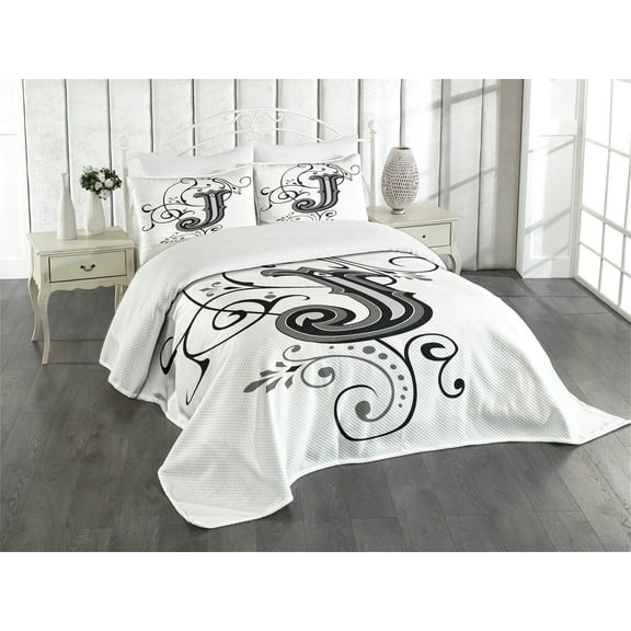 Ambesonne Letter J Quilted Bedspread Set 3 Pcs, Noble Royal Initials J, Queen Size, Black Grey White