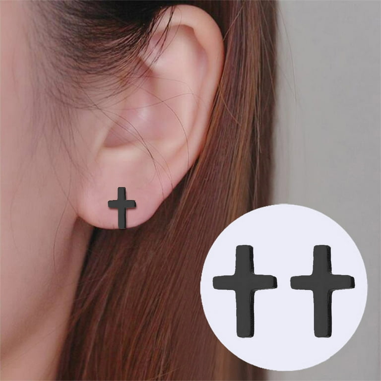 Black Small Cross Cartilage Stud Earrings for Women Stainless Steel Faith Tragus Tiny Studs Earring