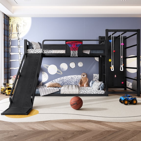 Harper & Bright Designs Twin Size Bunk Bed with Basketball Hoop and Climbing Wall, Metal loft Bed with Slide and Bookshelves, Black