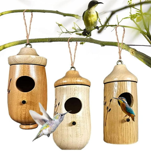 Emlimny 3PCS Humming Bird House, 4.5 Inches Bird House, Wooden Hummingbird Swing Nest for Outside Hanging, Pet Cottage for Swallow Sparrow Hummingbird Finch Houses