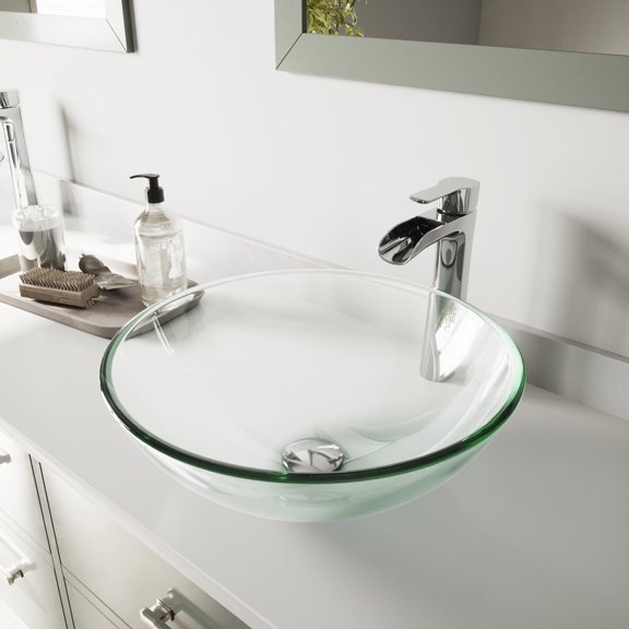 VIGO Glass Round Vessel Bathroom Sink in Iridescent with Niko Faucet and Pop-Up Drain in Chrome