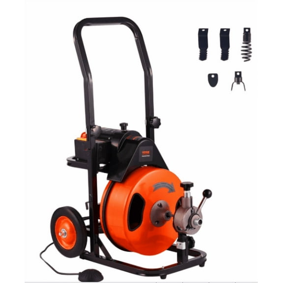 Acekid Drain Cleaning Machine - Model 100FTx3/4" - Auto Feed Sewer Auger - 5 Cutter Heads & Foot Switch - for 2-4 Inch Pipes (Red)