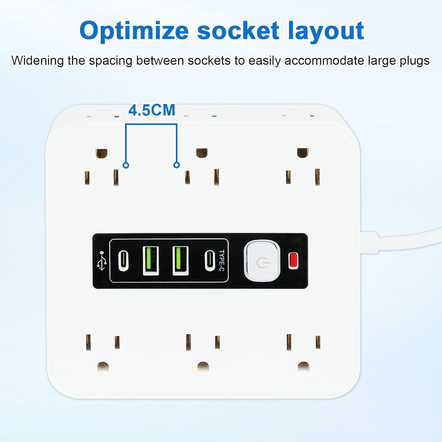 16-in-1 Power Strip with Switch & Surge Protection, 6.5FT Flat Plug Power Strip Surge Protector with 12 Outlets 2 USB & 2 Type-C Ports for Home Office