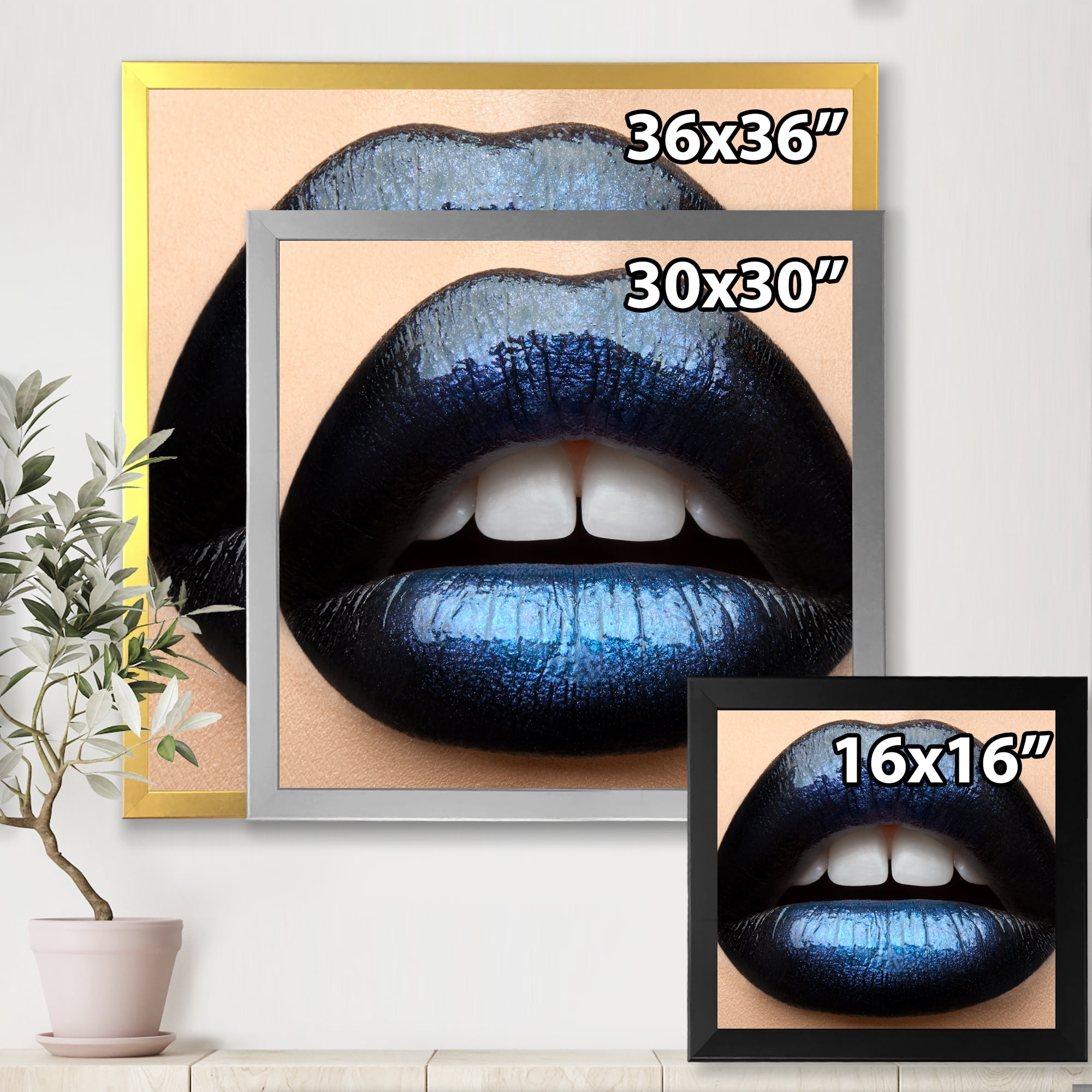 Designart 'Girl Lips With Black and Blue Lipstick' Modern Framed Art Print