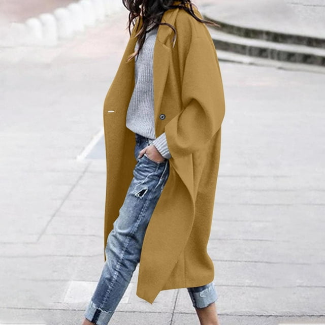 RXMEKW Wool Coat for Women, Solid Color Oversized Button Closure with Functional Pockets, Mid-Length Casual Blazer Style Jacket for Fall and Winter