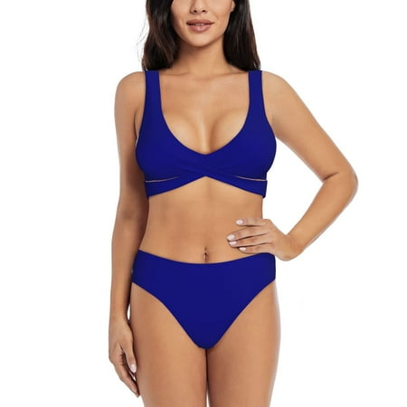 Zeuib Navy High Waisted Tummy Control Bikini Set - Knot Front Push Up Top & Cheeky Thong Bottom  Two-Piece Swimsuit for Women-X-Large