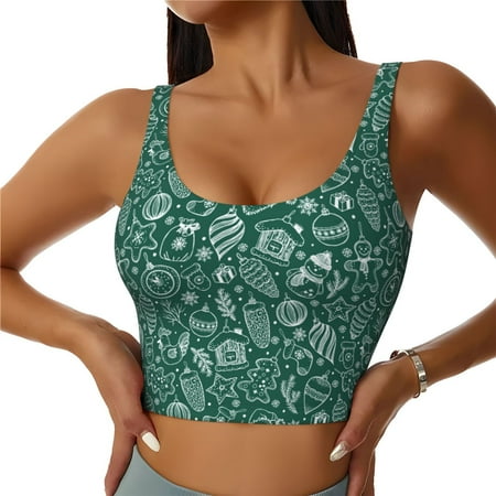 Jgfou Green Christmas Print Womens Sports Bra - Padded Workout Sports Bras Crop Tank Top