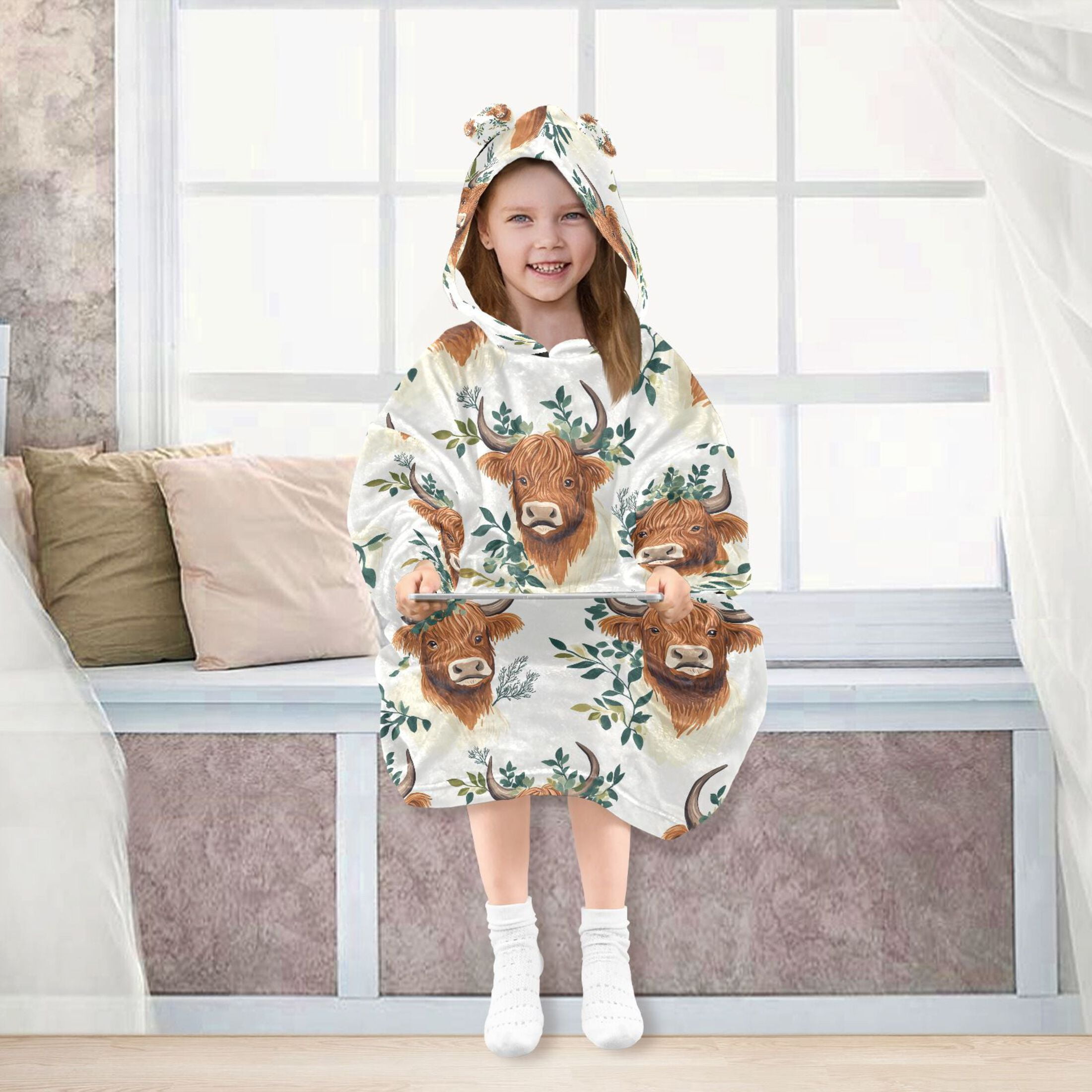 joogoo Wearable Blanket Hoodie for Highland Cattle Leaves-h1 Oversized Sherpa Hooded 3-14 YR M