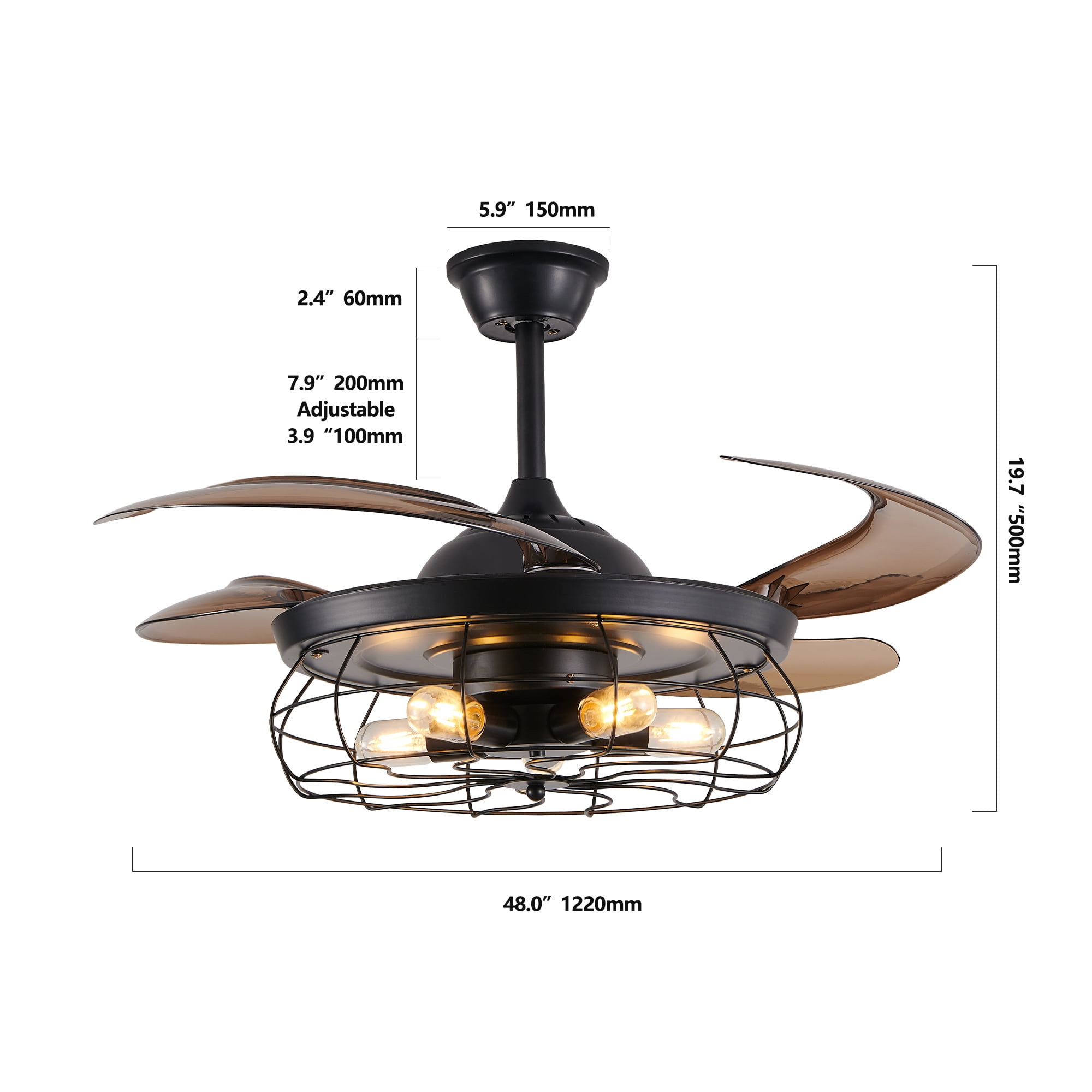48 Inch Retractable Ceiling Fan with Lights and Remote, Industrial Caged Fandelier with 4 Blades, 6-Speed Reversible DC Motor