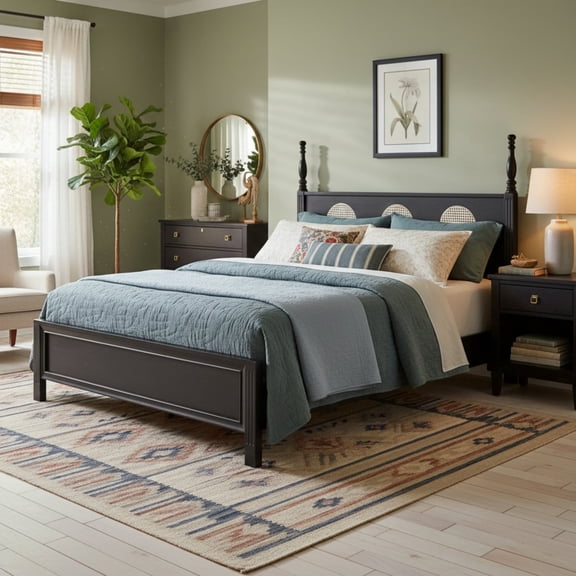 FLEXISPOT Queen Wood Bed Frame with Rattan Headboard and Roman Column Design, Sturdy Platform Bed with Wooden Slats Support, No Box Spring Needed, 1100 lbs Capacity